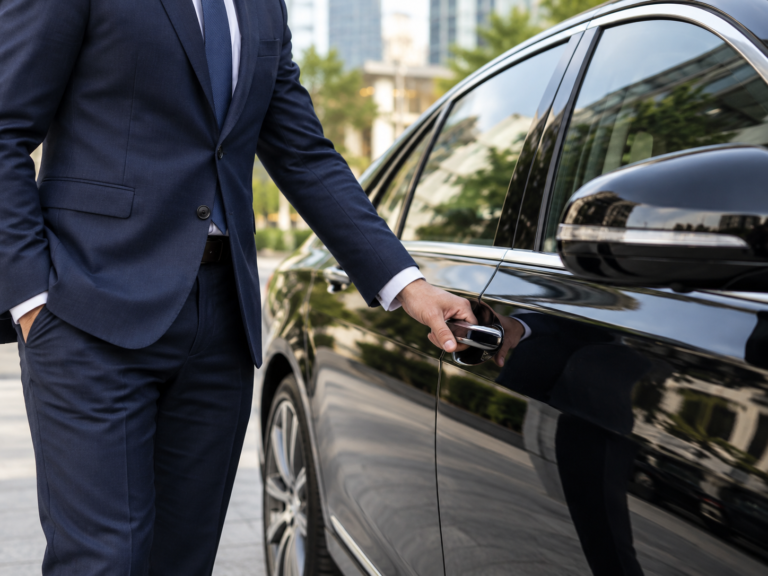Executive next to a black sedan